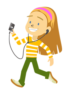 Laura with headphones and cell phone