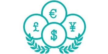 Dollar, Euro, Yen und britisches Pfund als Symbol, umrahmt von einem Lorbeerkranz