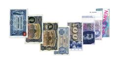 The 100 franc notes from all nine series of banknotes.