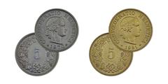 Image of a "silver" and a "golden" five-centime coin.