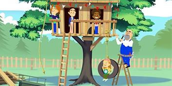 The Viva Kids in their tree house with Mr. Cash standing on the ladder