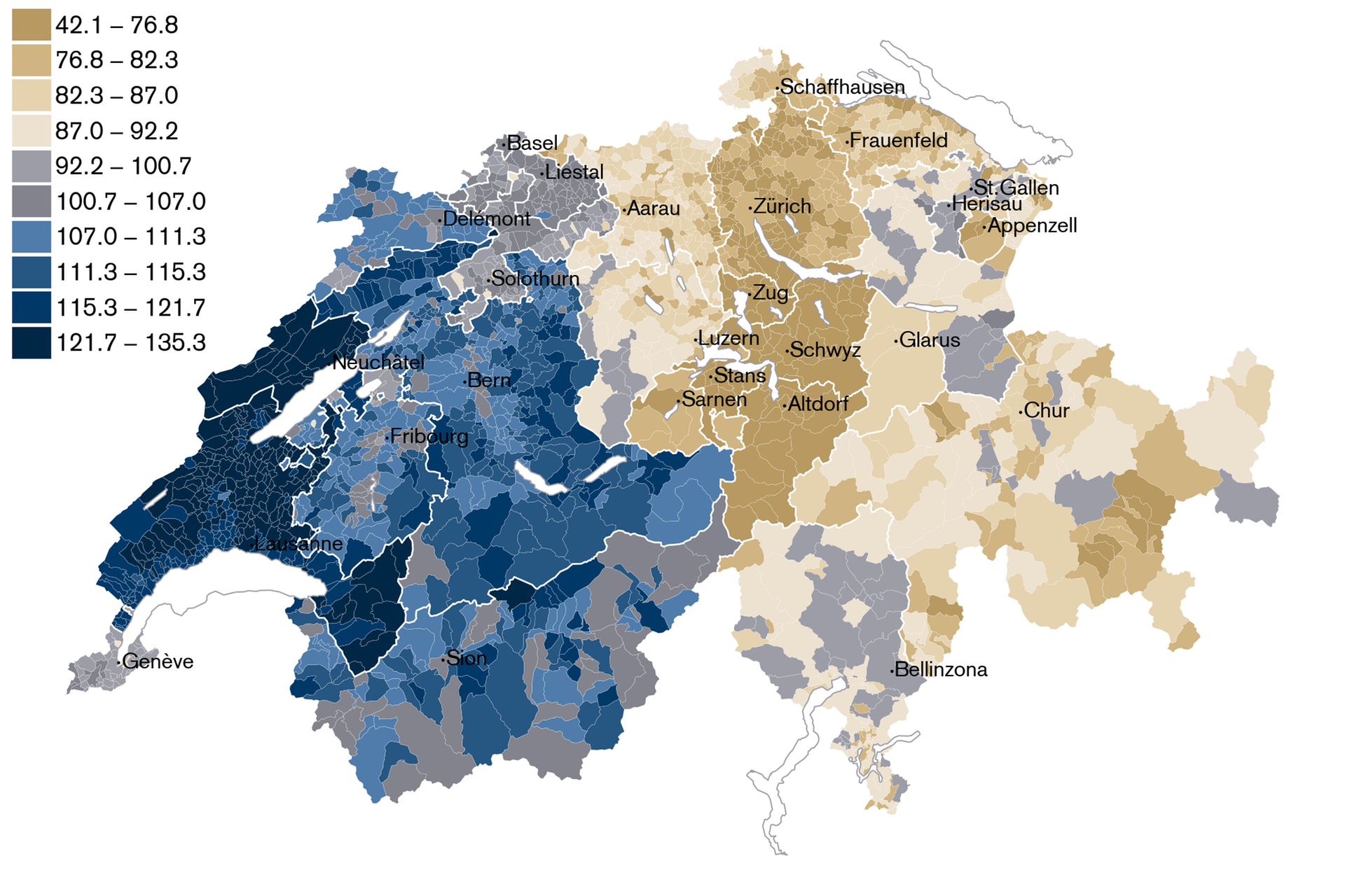 Trend in cantonal tax burden on natural persons by municipality