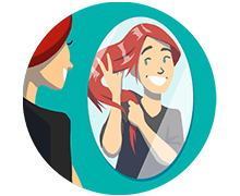 Icon mit Frau, die ihre Frisur im Spiegel anschaut